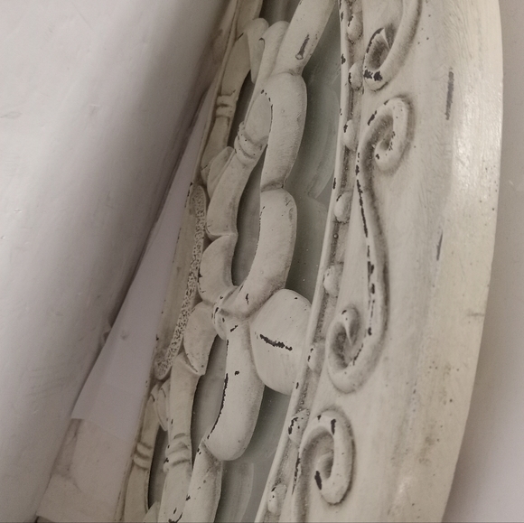 Half Moon Shape Mirror Window Distressed, Beige & Brown Metal Fleur-de-lis - Picture 6 of 7